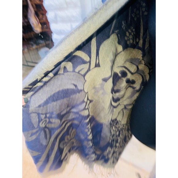 Floral Reversible Shawl/Wrap With Fringe Edges In Blue & Olive Green For Women - Picture 6 of 6